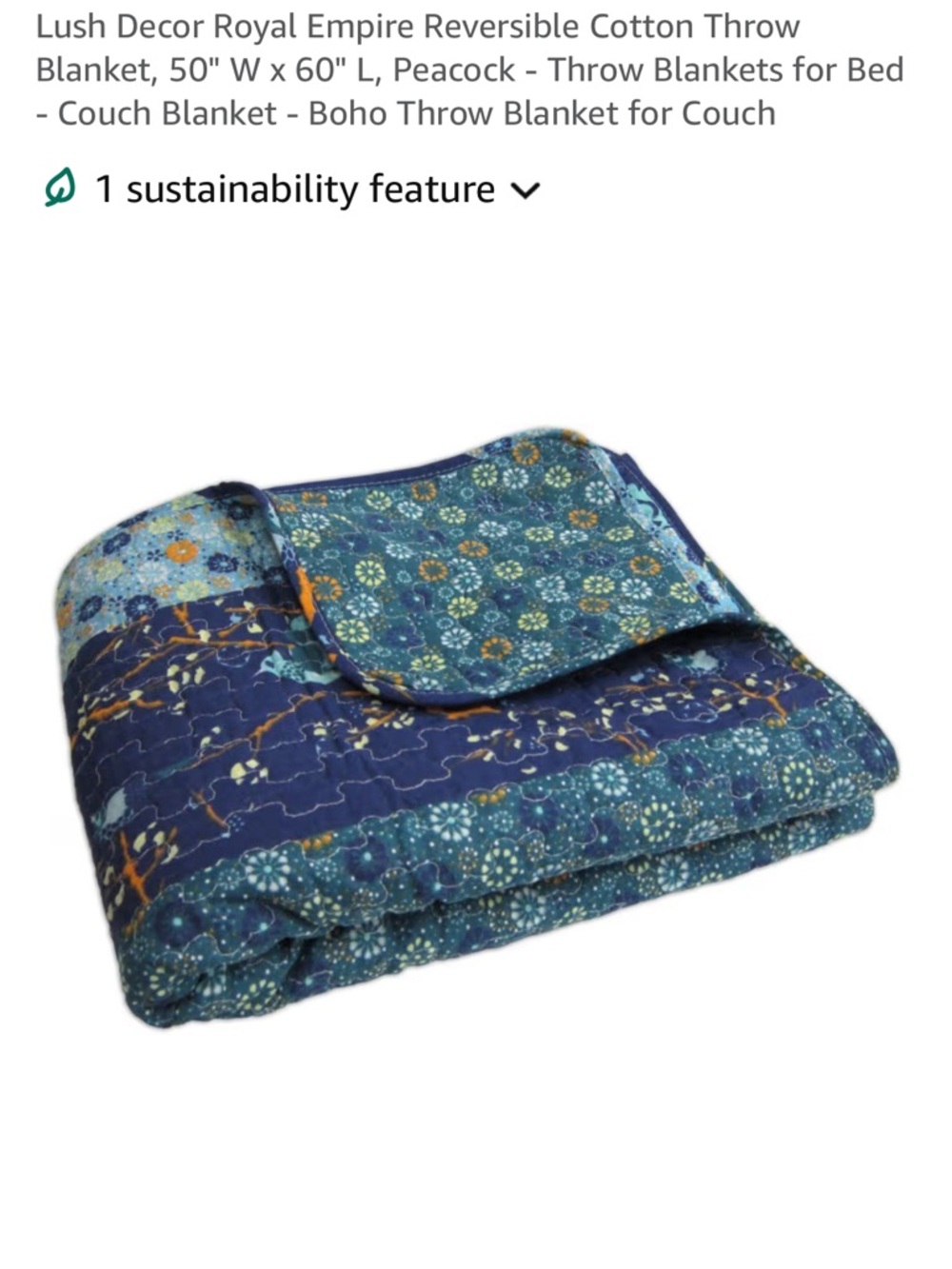 Reversible Peacock Cotton Throw Blanket - Blue